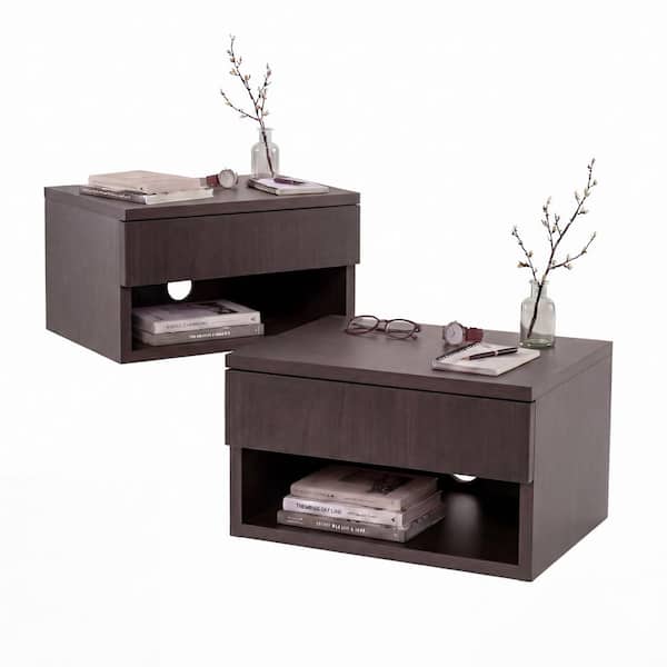 Ettore 15.71 in. Floating Wall Mounted Nightstand with Soft-Close Drawer and Cable Hole, Black (Set of 2)