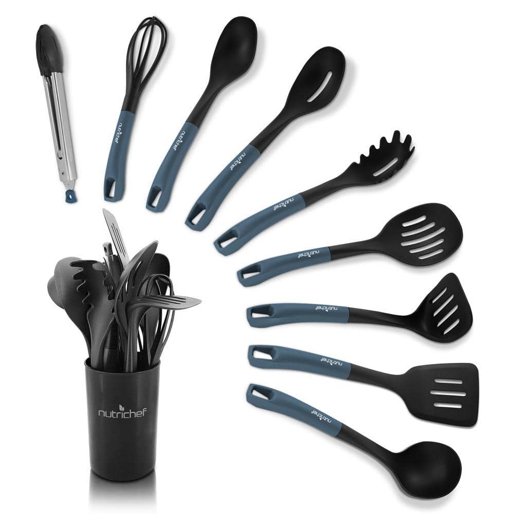 NutriChef 10 Pcs. Silicone Heat Resistant Kitchen Cooking Utensils Set - Non-Stick Baking Tools with PP Holder (Blue and Black)
