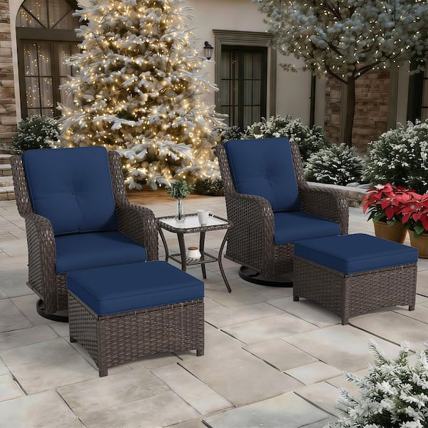 5-Piece Wicker Outdoor Patio Conversation Set Swivel Rocking Chair Set with Blue Cushions