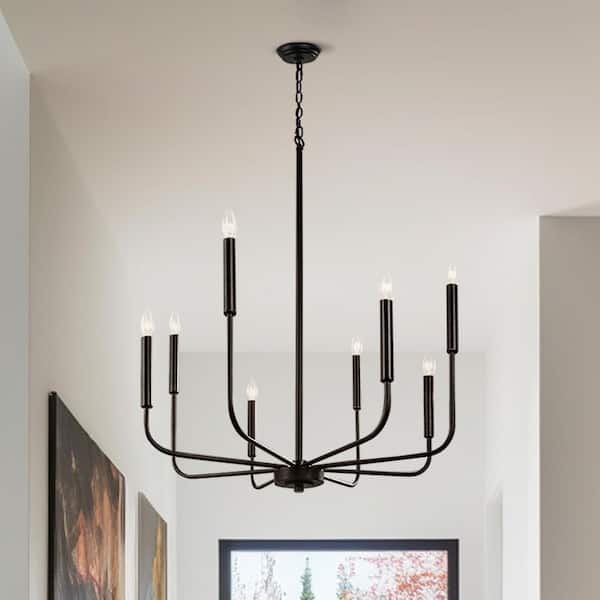 8-Light Matte Black Modern Chandelier Farmhouse Linear Candle with Chain for Bedroom,Dining Room,Foyer No Bulbs Included