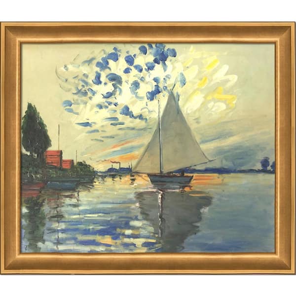 LA PASTICHE Sailboat at Le Petit-Gennevilliers by Claude Monet Muted Gold Glow Framed Nature Oil Painting Art Print 24 in. x 28 in.