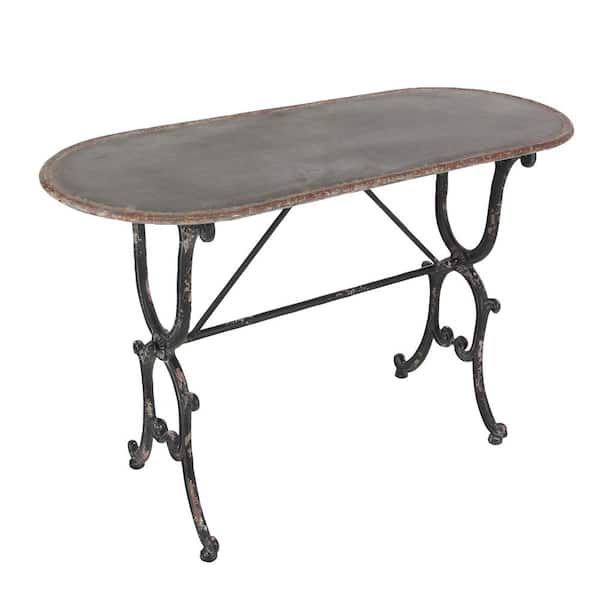 Litton Lane 45 in. Gray Large Oval Metal Console Table with Distressed Accents