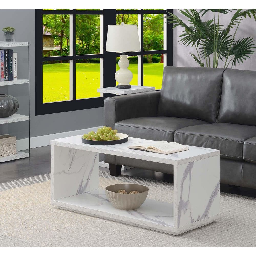 Modern Rectangular Wood and Faux Marble Coffee Table, 42" White