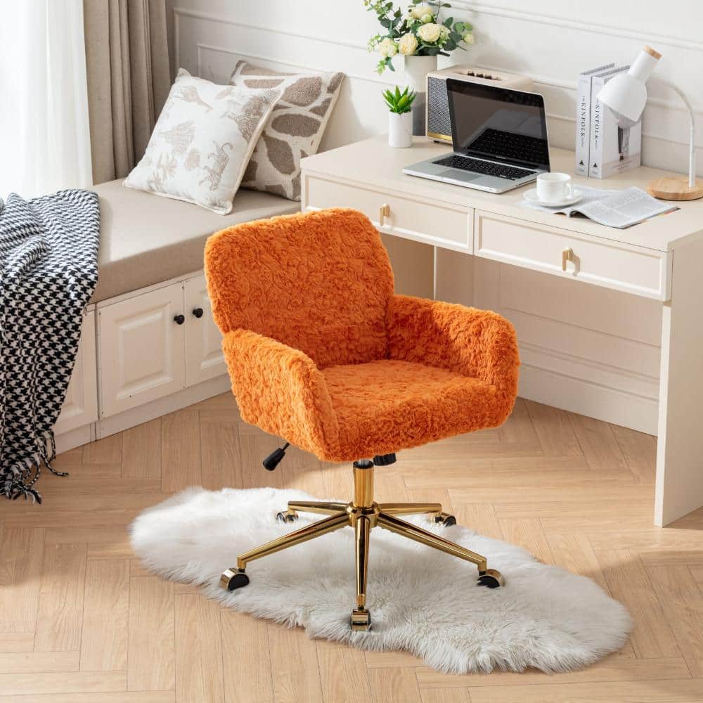 Orange Artificial Rabbit Hair Upholstered Adjustable Height Swivel Arm Chair with Golden Metal Base