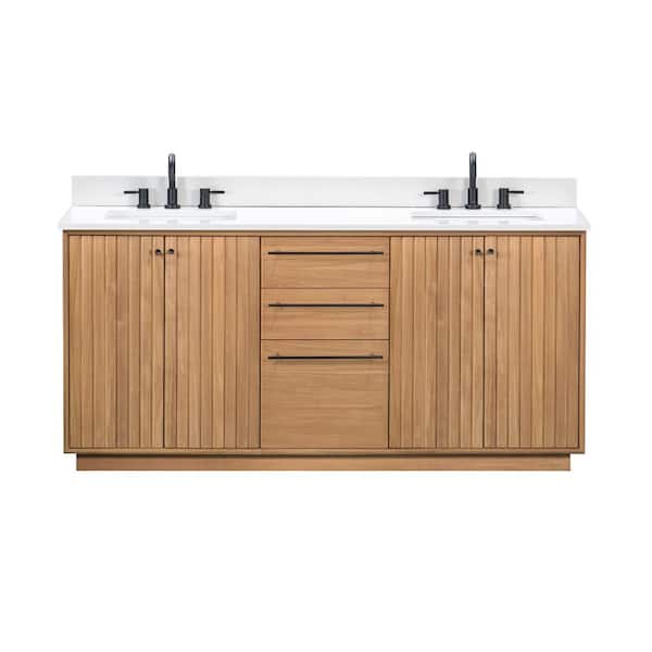 Parker 73 in. Double Sink Natural Teak Bath Vanity with White Engineered Stone Top