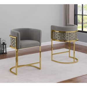 Evan 24 in. Dark Gray Low Back Gold Metal Frame Counter Height Chairs w/Teddy Fabric Set of 2