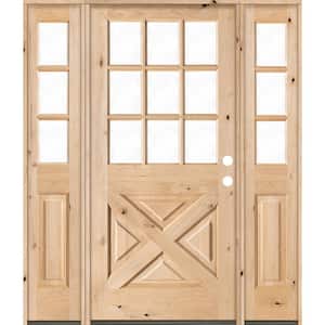 60 in. x 80 in. Knotty Alder 2 Panel Left-Hand/Inswing Clear Glass Unfinished Wood Prehung Front Door w/Double Sidelite