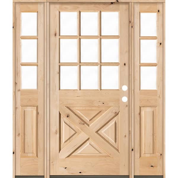 Krosswood Doors 60 in. x 80 in. Knotty Alder 2 Panel Left-Hand/Inswing Clear Glass Unfinished Wood Prehung Front Door w/Double Sidelite