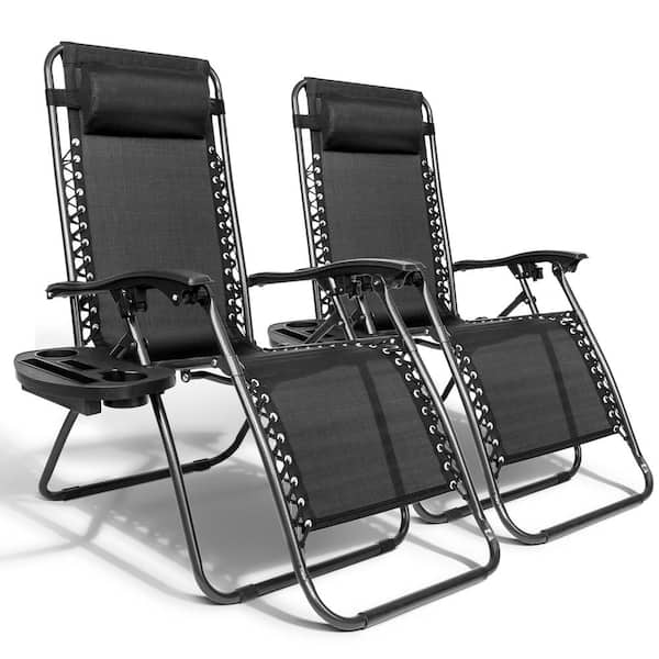 Karl home Zero Gravity Metal Folding Reclining Black Fabric Lawn Chair with Cup Holder (Set of 2)