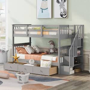 Gray Stairway Twin-Over-Twin Bunk Bed with Three Drawers, Sturdy Wood Kid Bunk Bed Frame With Staircases