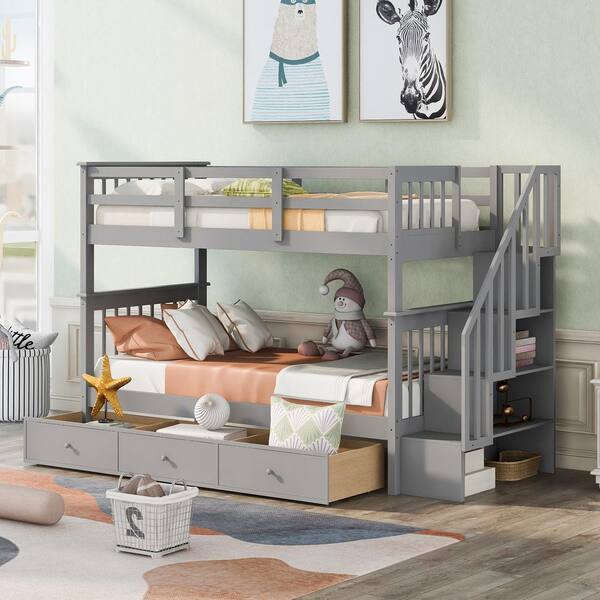 Gray Stairway Twin-Over-Twin Bunk Bed with Three Drawers, Sturdy Wood Kid Bunk Bed Frame With Staircases
