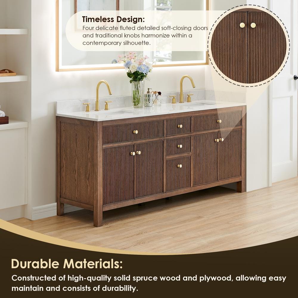 Cerrito 72" Brown Oak Double Sink Vanity with White Stone Top