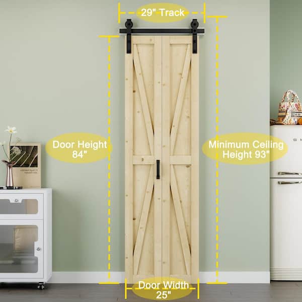 25 in. x 84 in. Paneled K Shape Solid Pine Wood Unfished Bi-Fold Sliding Barn Door with Hardware Kit and Handle