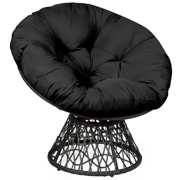 Costway Black Rattan Metal Papasan Chair Ergonomic Chair 360-Degree Swivel Soft Cushion Garden