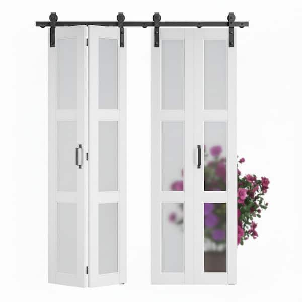 80 in. x 84 in. (Double 40 in. ) Bi-Fold 3-Lite Frosted Glass White Finished MDF Sliding Barn Door with Hardware Kit