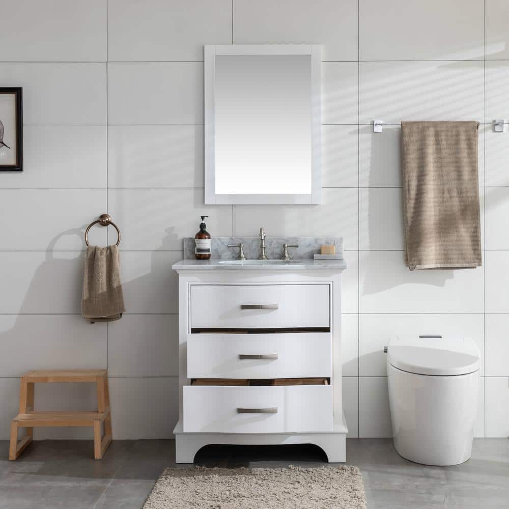 Monroe 30" White Solid Wood Single Vanity with Carrara Marble Top