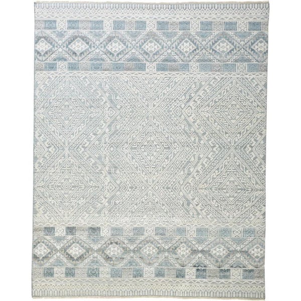 2 ft. x 8 ft. Ivory, Blue Geometric Area Rug