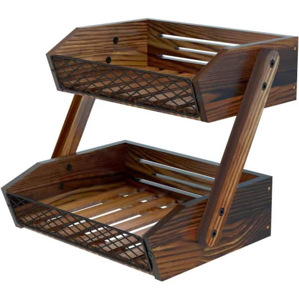 Anqtovp 2-Tier Fruit Bowl Wooden Holder for Kitchen Countertop, Bread, Fruit and Vegetable Storage Basket Stand in Rustic Brown