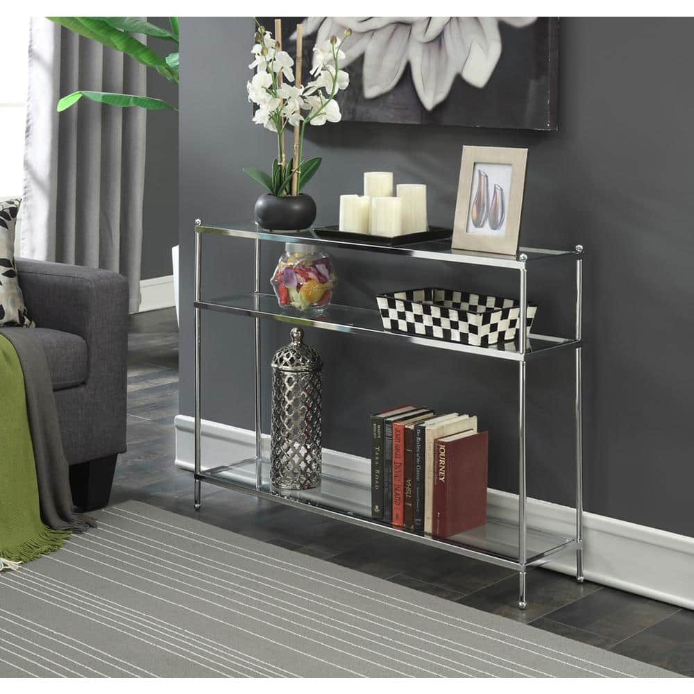 Modern Chrome and Glass Slim Console Table with 3 Tiers