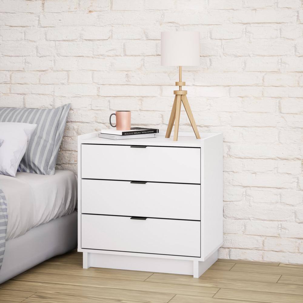 Simple White 3-Drawer Modern Nightstand with Black Handles