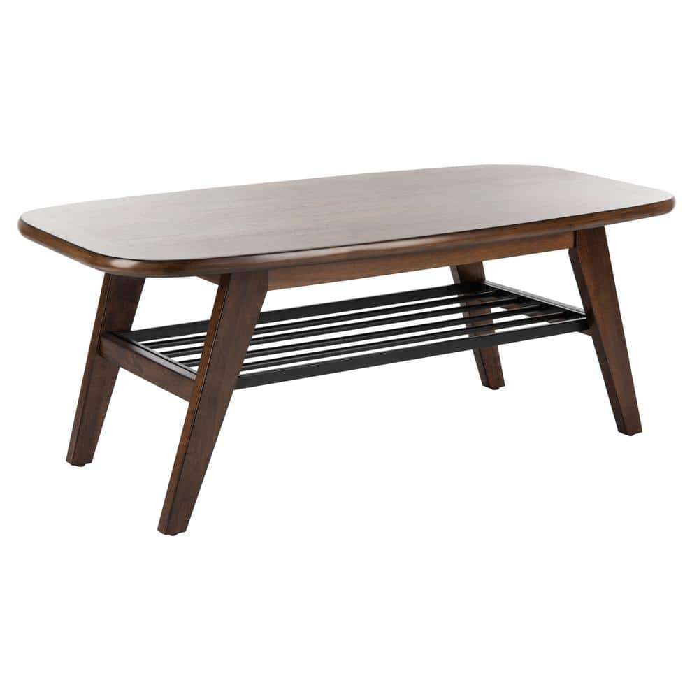 Transitional Dark Walnut Rectangular Coffee Table with Black Metal Storage Rack