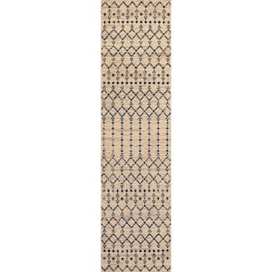 Ourika Moroccan Geometric Textured Weave Beige/Navy 2 ft. x 10 ft. Indoor/Outdoor Area Rug