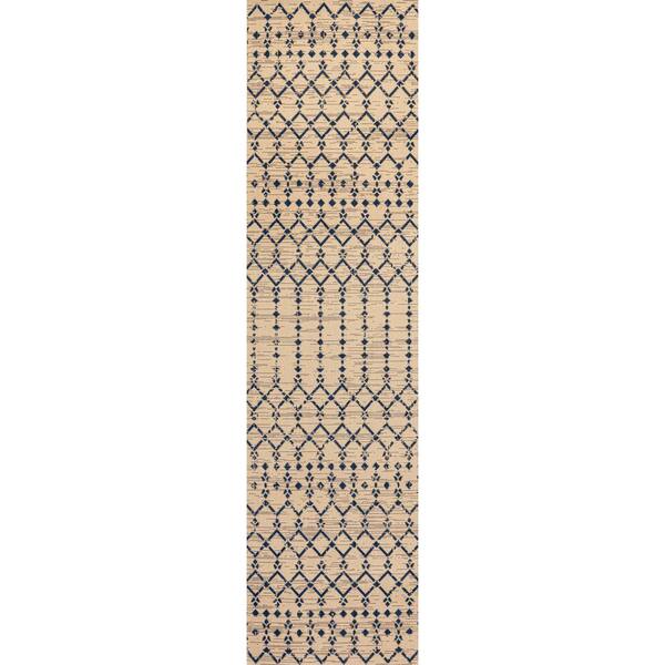 Ourika Moroccan Geometric Textured Weave Beige/Navy 2 ft. x 10 ft. Indoor/Outdoor Area Rug