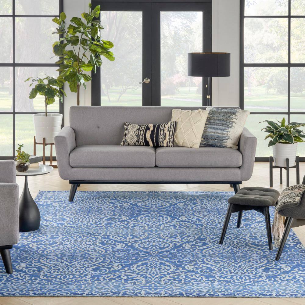 Waverly Blue Damask Washable Synthetic Area Rug, 8' x 10'