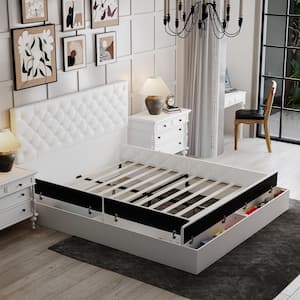 White Metal Frame Wooden Bed Queen Size Bed Platform Bed With 7-Drawers, Color-Changing LED Lights, Bluetooth