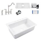 Jackson 33 in. 4-Hole Drop-in Single Bowl Crisp White Fireclay Kitchen Sink with Courant Bridge Faucet (Stainless) Kit