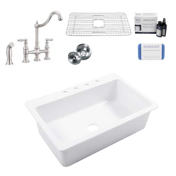 SINKOLOGY Jackson 33 in. 4-Hole Drop-in Single Bowl Crisp White Fireclay Kitchen Sink with Courant Bridge Faucet (Stainless) Kit