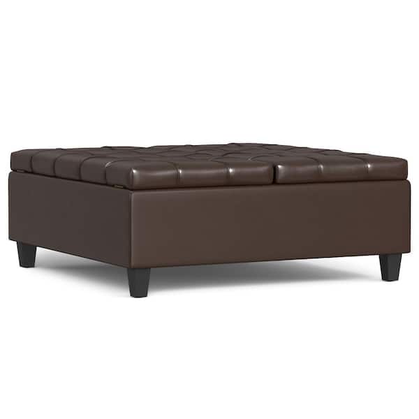 Harrison 40 in. Wide Vegan Leather Large Square Coffee Table Storage Ottoman in Chocolate Brown