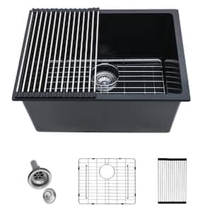 24 in. W x 18 in. D x 12 in. H Undermount Single Bowl Matte Black Quartz Composite Laundry/Utility Sink with Accessories