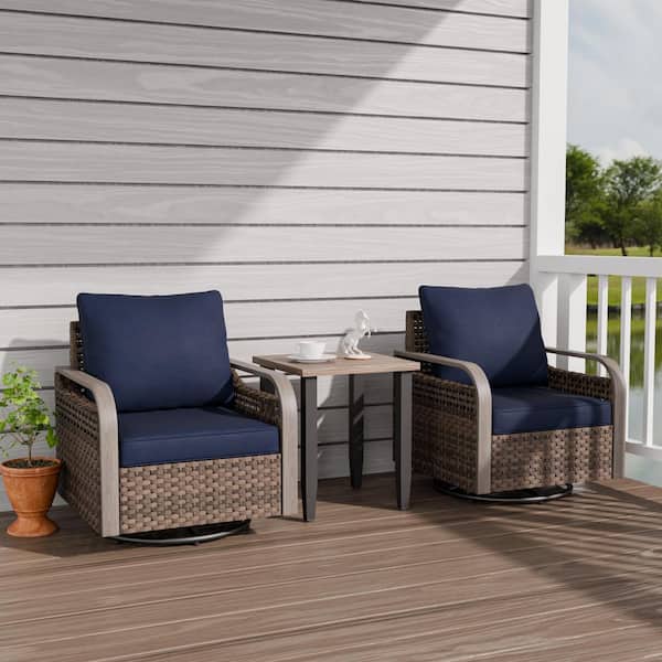 3-Piece Brown Wicker Patio Swivel Rocking Bistro Set with Blue Cushions