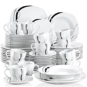 60-Piece Black Gray Lines Ivory White Porcelain Dinnerware (Set Service for 12)