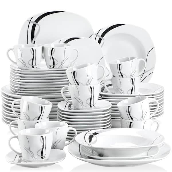 VEWEET 60-Piece Black Gray Lines Ivory White Porcelain Dinnerware (Set Service for 12)