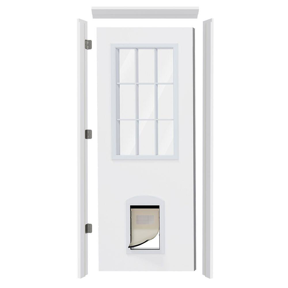 60 in. x 80 in. 9-Lite Clear Glass Front Door with Pet Door, Door Header, Legs (Pre-installed Hinge) & Flush bolts price history on PriceWatchPro