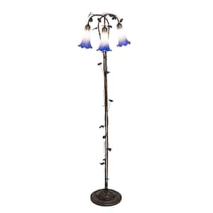 Pond Lily 58 in. Mahogany Bronze Victorian 3-Light Dimmable Arc Floor Lamp with Glass Cone Shade