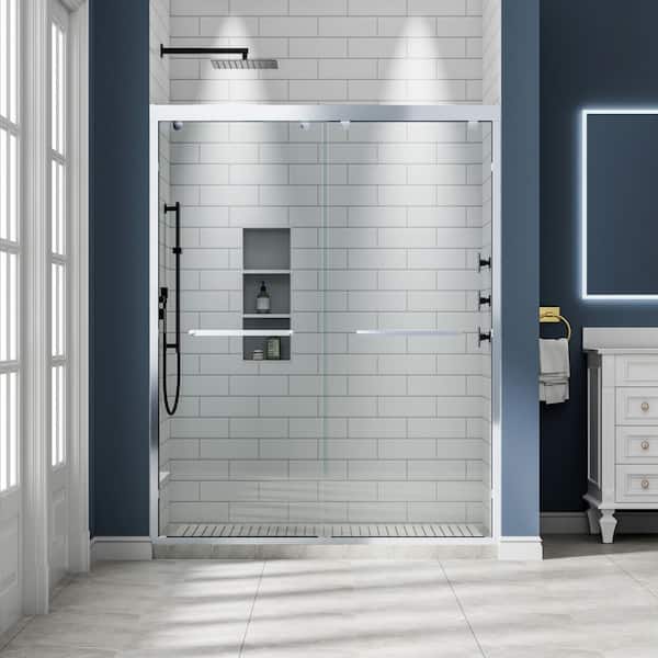 56-60 in. W x 75 in. H Chrome Soft Close Double Sliding Framed Shower Door ANSI 5/16 in. (8mm) Tempered Clear Glass