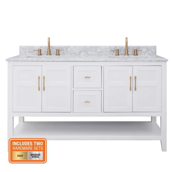 Sturgess 61 in. Double Sink White Bath Vanity with White Carrara Marble Top (Assembled)