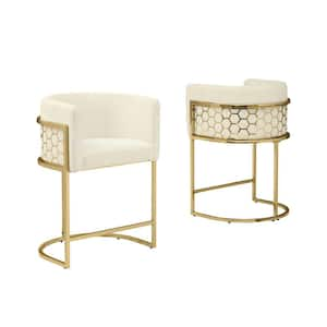 Evan 29 in. Cream Low Back Gold Metal Frame Bar Stool With Teddy Fabric Set of 2