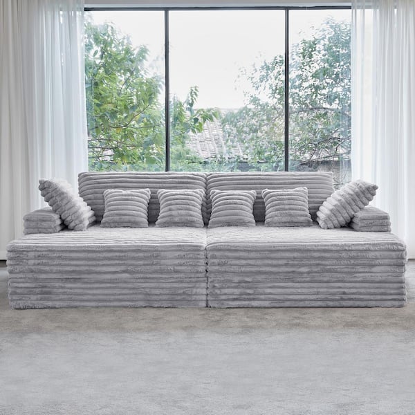 Lesly 120 in. Wide Square Arm Velvet Rectangle Sectional Sofa Couch Modern Double Seats Square in. Gray