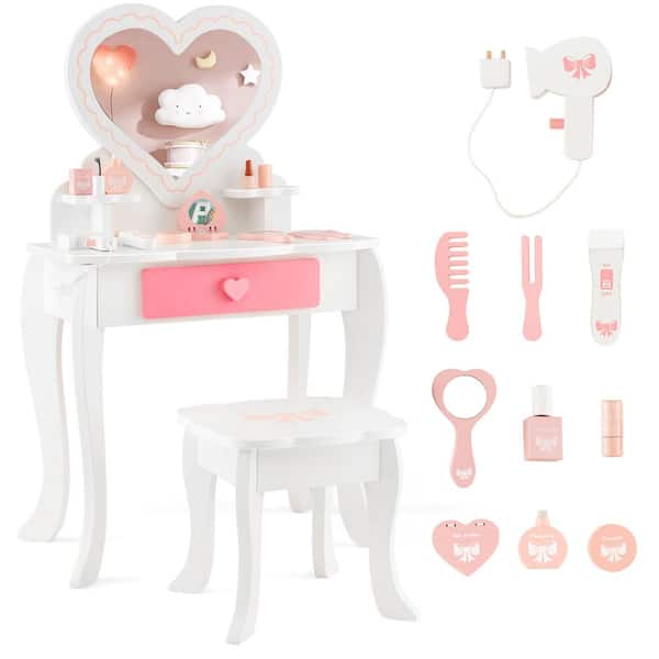 Costway 2-Piece Rectangle MDF Top Kids Vanity Set Makeup Table Chair Set in White with Heart-shaped Mirror
