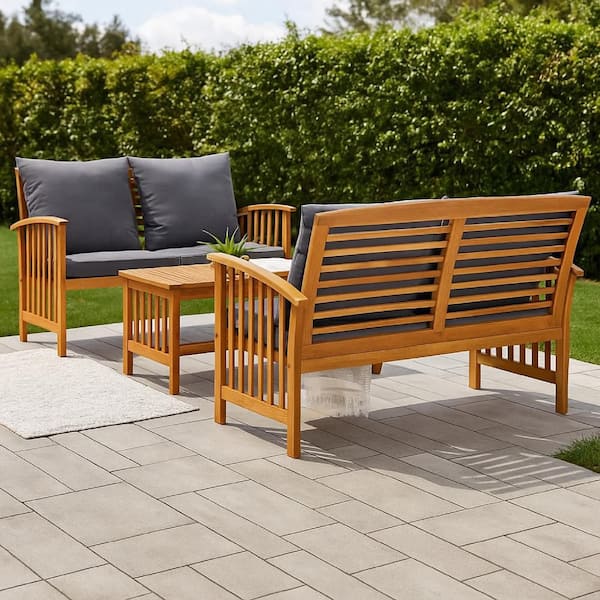 Mia Brown 3-Piece Acacia Wood Patio Conversation Set with Gray Fabric Cushions