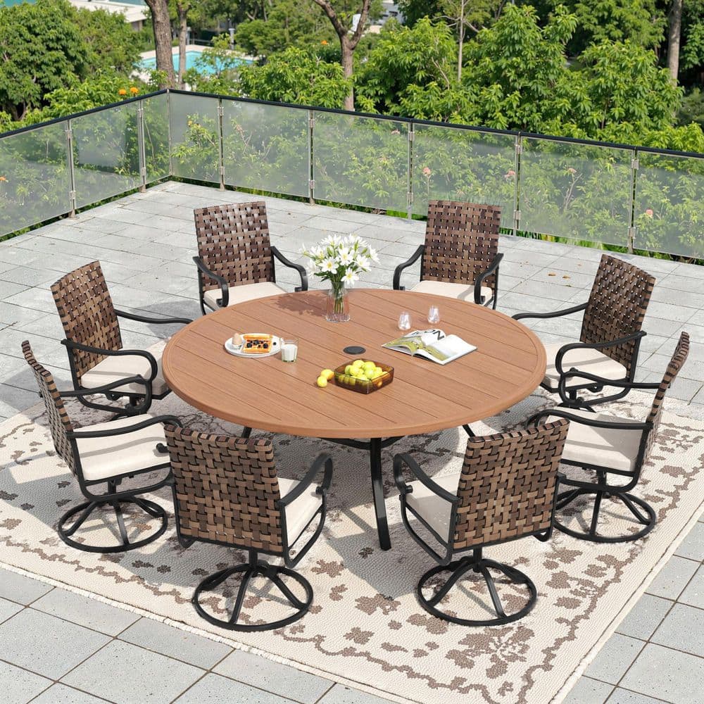 9-Piece Metal Outdoor Dining Set with 8 Swivel Wicker Chairs, Beige Cushions and 60 in. Walnut-Finish Round Table price history on PriceWatchPro