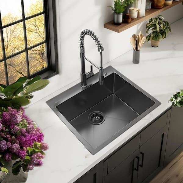25 in. Drop-In Single Bowl 18 Gauge Gunmetal Black Stainless Steel Kitchen Sink with Black Spring Neck Faucet