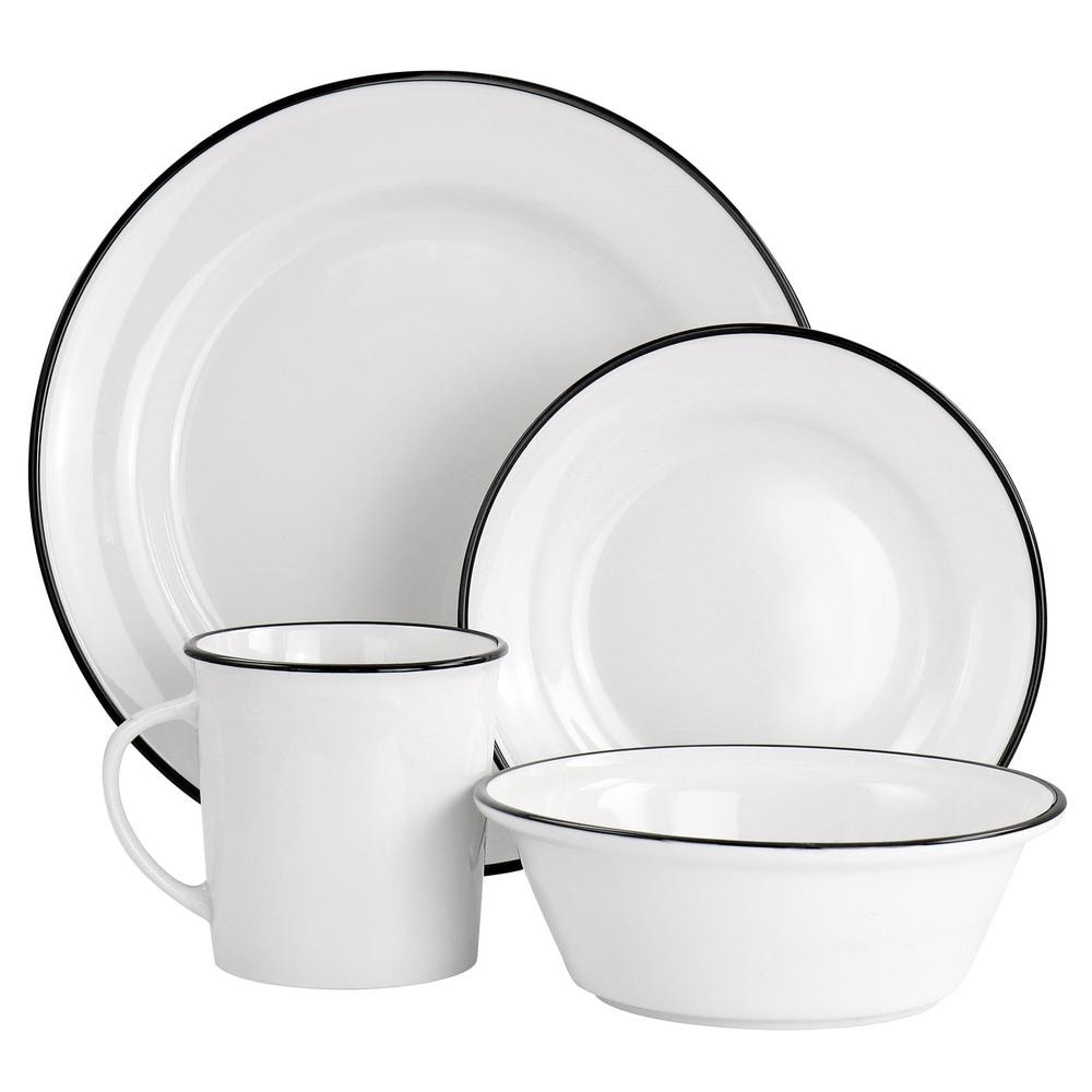 White Ceramic 16-Piece Dinnerware Set with Black Rim
