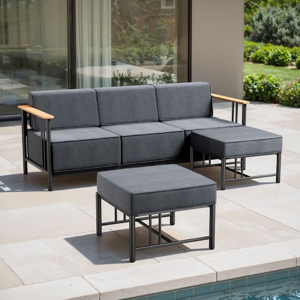 Arcadia 3-Piece Black Metal Outdoor 3-Seat Couch with 10 in. Thick Drak Gray Box-Edge Cushions and ottomans
