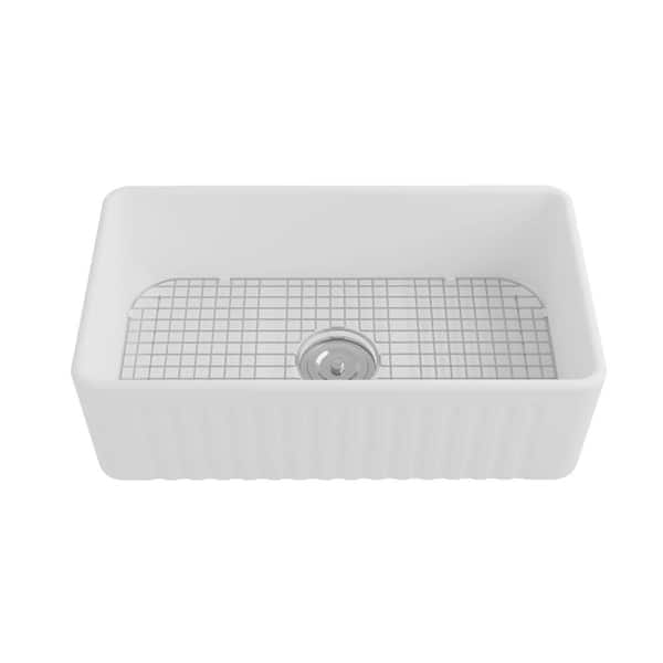 DEERVALLEY Fireclay 33 in. Single Bowl Farmhouse Apron Workstation Kitchen Sink in Gray with Accessories