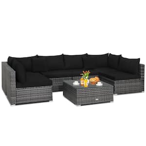 7-Piece Patio Rattan Furniture Set Sectional Sofa Cushioned Garden Black